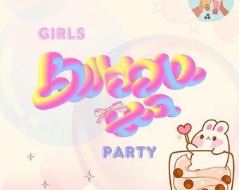 Póster/Invitación para fiesta de té de burbujas. Plantilla personalizable. Invitación/Decoración imprimible para fiesta de té de burbujas para niñas.