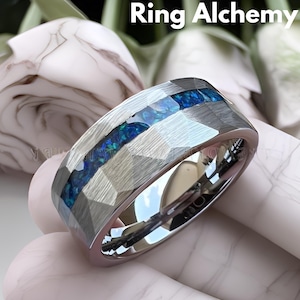 Silver Hammered Wedding Band Tungsten Ring - Blue Opal Ring Mens Wedding Band, Brushed Tungsten Opal Band for Men, Custom Wedding Ring, 8mm