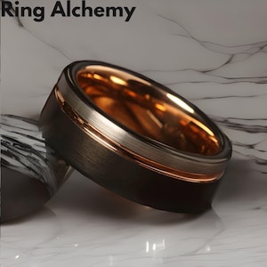 Mens Wedding Band, Black Tungsten Ring, Mens Ring, Rose Gold Inlay, Engagement Ring, Engraved Ring, 8MM Wide, Unique Ring, Mens Wedding Band
