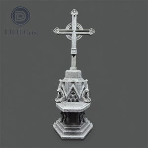 May include: A gray, gothic-style cross statue with intricate detailing. The cross features a circular design at the intersection and sits atop a multi-tiered base with sculpted figures. The base has the text "DDDios".