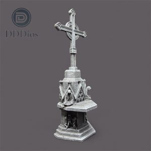 May include: A detailed, gray stone cross monument with intricate carvings. The cross sits atop a multi-tiered base with figures and architectural details. The monument has the text "DDDios" on the side.