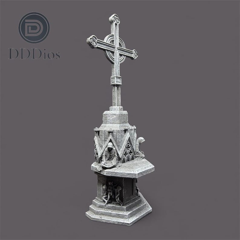May include: A detailed, gray stone cross monument with intricate carvings. The cross sits atop a multi-tiered base with figures and architectural details. The monument has the text "DDDios" on the side.