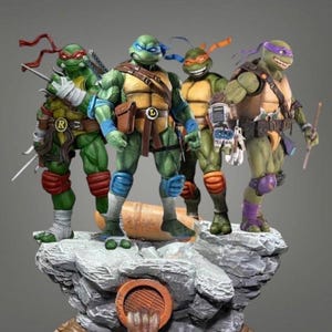 May include: A detailed collectible statue featuring four green anthropomorphic turtles standing on a rocky sewer base with a drainage pipe. Each turtle wears a coloured mask, matching elbow and knee pads, and carries distinct gear and weapons.
