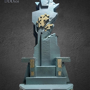 May include: A teal-colored, geometric sculpture with gold accents. The sculpture features a throne-like structure with intricate details and a textured surface. The logo "DDDios" is visible in the upper left corner.