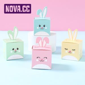 Boîtes à bonbons en papier lapin de Pâques - Paquet de 24 | Jolies boîtes à friandises pour fêtes d'enfants, chasses aux œufs et cadeaux - 6 de chacune des 4 couleurs.