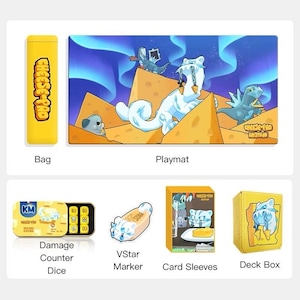 Conjunto de acessórios PTCG Chien-Pao “Cheese-Pao” – Caixa de baralho, capas de cartas, contador de danos, marcador VStar e tapete de jogo ｜ Pokémon TCG ｜ Mousepad ｜ Anime Kawaii