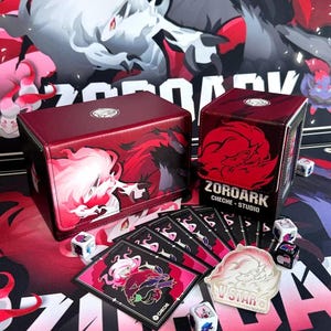 Zestaw akcesoriów Zoroark Pokémon TCG – mata do gry, koszulki, kostki do mierzenia obrażeń, znacznik VSTAR i pudełko na talie PTCG