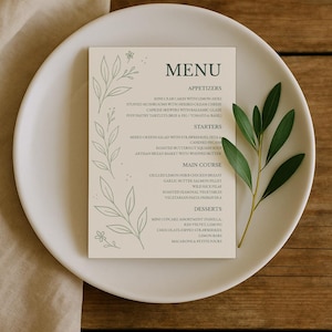 Brautparty-Menü Canva Template - 2 Varianten | A4 & A5 Größen | Bearbeitbares Gartenparty-Menü-Schild | Druckbares Rustikales Greenery Menü