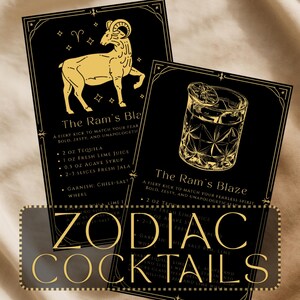 May include: Two black cocktail recipe cards with gold text and illustrations. One card features a ram illustration, the other a cocktail glass. The text reads "The Ram's Blaze" and "Zodiac Cocktails".