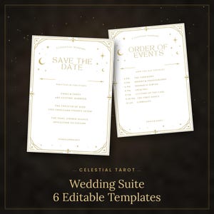 May include: Two white rectangular wedding stationery cards with gold celestial motifs including moons and stars. The left card reads Save The Date, Emma & James, and June 12, 2027. The right card reads Order Of Events with a schedule from 4 PM to 12 AM.