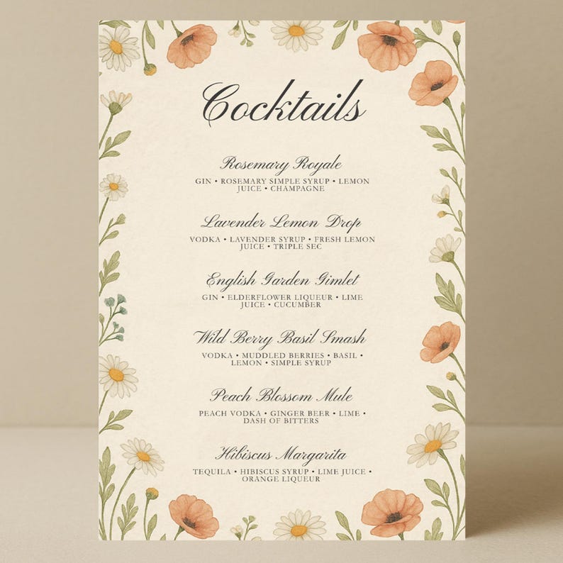 Floral Cocktail Menu Template: Botanical Wedding Bar Sign (A5 Canva ...