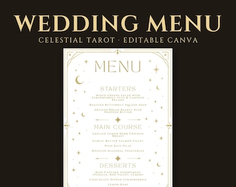 Op de afbeelding: Een witte trouwmenukaart met gouden hemelse motieven zoals sterren en manen. De tekst luidt WEDDING MENU CELESTIAL TAROT EDITABLE CANVA, gevolgd door secties voor STARTERS, MAIN COURSE en DESSERTS met diverse gerechten.