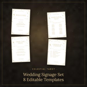 May include: A set of four rectangular wedding signage templates featuring gold celestial motifs including moons and stars. Each white card displays text such as Welcome, Find Your Seat, Save The Date, and Order of Events with decorative borders.