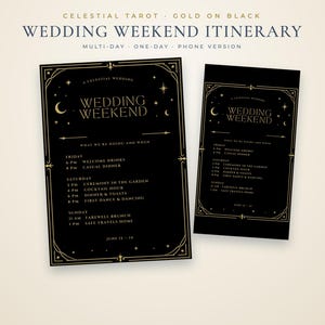 Wedding Weekend Itinerary Template, Wedding Itinerary for Guests, Wedding Timeline, Celestial Gold on Black Editable Canva, Phone Version
