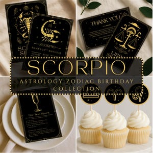 May include: A collection of black and gold astrology-themed birthday party supplies. Includes invitation cards, thank you cards, drink recipe cards, and cupcake toppers. The theme is Scorpio, with the text "SCORPIO ASTROLOGY ZODIAC BIRTHDAY COLLECTION".