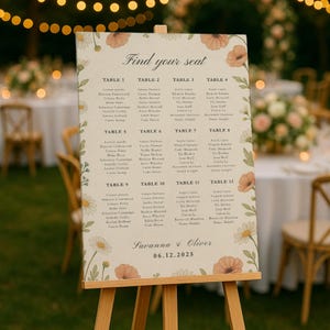 Plantilla de plano de asientos para boda botánica: Letrero "Busca tu asiento" editable e imprimible / Tema de jardín de margaritas silvestres / Descarga instantánea de Canva