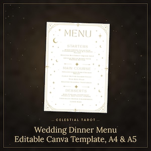 May include: A white rectangular wedding dinner menu card featuring gold celestial motifs including stars and crescent moons. The text reads MENU, STARTERS, MAIN COURSE, and DESSERTS, followed by food items. The design includes a thin gold border.