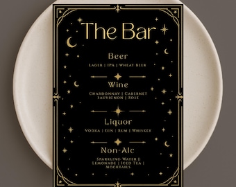 Celestial Bar Menü Vorlage: Mond, Sterne, Tarot Thema (A4/A5 Printable Canva Digital Download)
