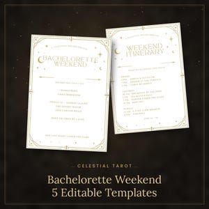 Könnte beinhalten: Zwei weiße rechteckige Karten mit goldenen Rändern im Himmelsdesign, Sternen und Monden. Die linke Karte trägt die Aufschrift Bachelorette Weekend für Emma Robinson. Die rechte Karte zeigt ein Weekend Itinerary mit Zeitplan.