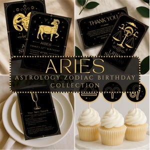 Aries Birthday Party Bundle | Astrology Invitation, Thank You Card, Cocktail Menu & Cupcake Toppers | Printable Set