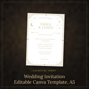 May include: A white rectangular wedding invitation card with gold celestial-themed borders, featuring stars, moons, and the text A CELESTIAL WEDDING, EMMA & JAMES, TOGETHER WITH THEIR FAMILIES, REQUEST THE PLEASURE OF YOUR COMPANY AT THEIR WEDDING.