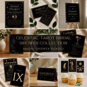 May include: A collection of celestial tarot-themed bridal shower stationery. The set includes invitations, thank you cards, signage, cocktail menus, table cards, and tarot card cupcake toppers. The designs feature gold accents on a black background.