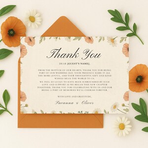 Modelo de Cartão de Agradecimento para Casamento | Bilhete Floral Botânico Editável | Modelo para Impressão no Canva | Design Neutro Elegante | Download Digital