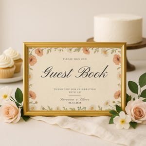 Botanical Wedding Guest Book Sign Template – Editable Printable Floral Signage for Reception or Ceremony | Daisy Wildflower Theme