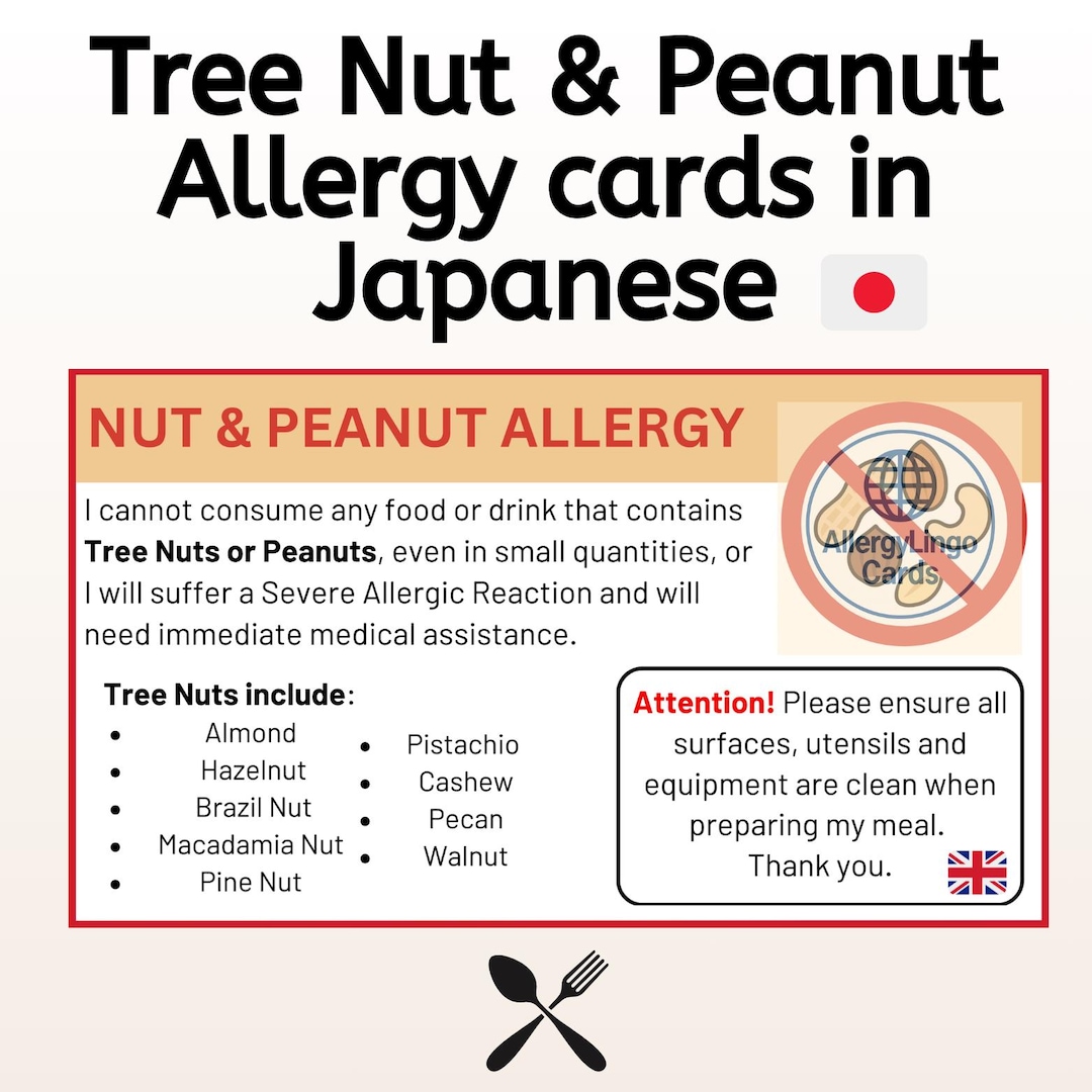 English to Japanese Peanut & Nut Allergy Card – for Safe Eating While ...