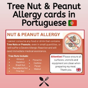 Tarjeta de alergia al cacahuete y los frutos secos (inglés-portugués): para comer de forma segura mientras viajas