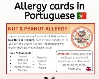 Carte des allergies aux arachides et aux noix de l'anglais vers le portugais : pour manger en toute sécurité en voyage