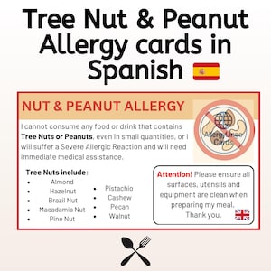 English to Spanish Peanut & Nut Allergy Card – For Safe Eating While Travelling