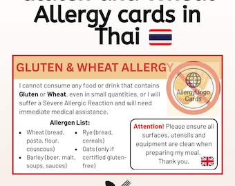 Scheda di traduzione per celiaci dall'inglese al tailandese: allergia al glutine e al grano