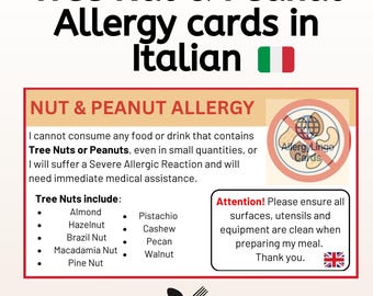 English to Italian Peanut & Nut Allergy Card – For Safe Eating While Travelling