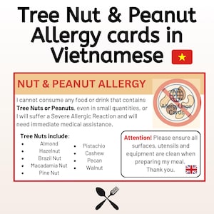 英語からベトナム語へのピーナッツ・ナッツアレルギーカード – 旅行中の安全な食事のために
