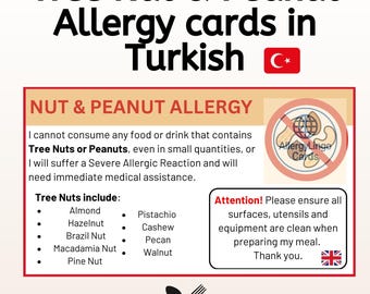 Tarjeta de alergia al cacahuete y los frutos secos (del inglés al turco): para comer con seguridad mientras viajas