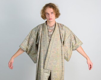 Damask Mens Kimono | Japanese Boho Robe, Earth Tones