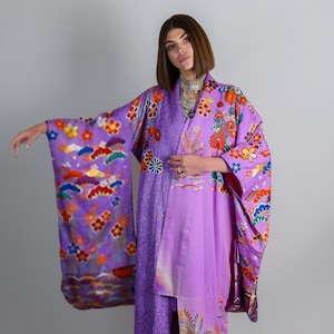 COSMIC BLOOM SORCERESS|silk kimono|festival robe|purple clothing|boho outfit|handmade|japanese fashion|goddesswear|statement piece