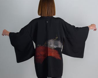 Vintage Silk Haori Kimono: Japanese Forest Print Jacket