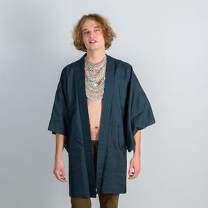 Midnight Grid Kimono (着物 – kimono) – Japanese Men’s Haori in Deep Teal Check