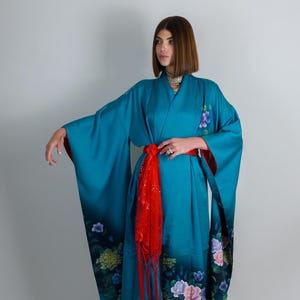 GARDEN SPIRIT DANCER silk kimono|boho robe|handmade|festival wear|japanese fashion|floral print|spiritual clothing|artsy style