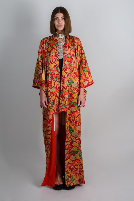 Handmade Silk Kimono: Vibrant Floral Print Boho Robe