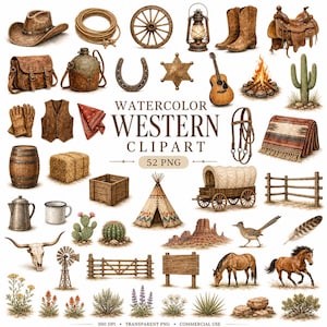 Watercolor Cowboy Clipart Bundle, Rustic Western PNG Collection, Desert Cactus, Cowboy Hat, Boots, Campfire, Ranch Digital Download