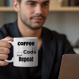 Coffee Code Repeat Mug Programmer Gift, Coding Coffee Lover Cup, Developer Funny Mug, Tech Geek Minimalist Coder Gift