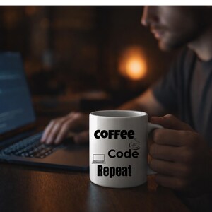 May include: A white coffee mug with the words "Coffee Code Repeat" printed in black. The mug is held near a laptop with code on the screen. The image has a dark, warm tone.