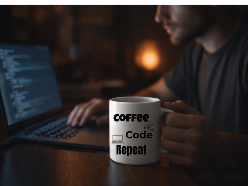 May include: A white coffee mug with the words "Coffee Code Repeat" printed in black. The mug is held near a laptop with code on the screen. The image has a dark, warm tone.