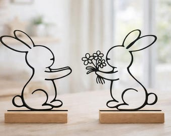 3D Lineart Hasen Paar mit Holzsockel – Osterdeko modern | Geschenk Valentinstag & Muttertag | Skandinavische Deko | Minimalistisch