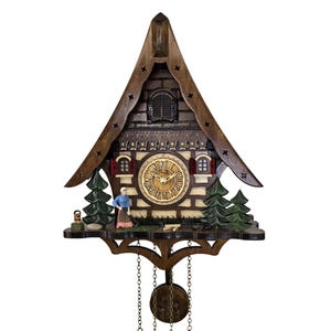 May include: A wooden cuckoo clock in a chalet style. The clock features a detailed facade with a clock face, miniature figures, and decorative elements. The clock has a dark brown finish with a pendulum and weights.