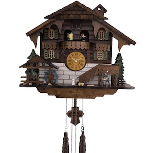 Handcrafted Black Forest Cuckoo Clock, Moving Wood Chopper, Quartz German Design, Musical