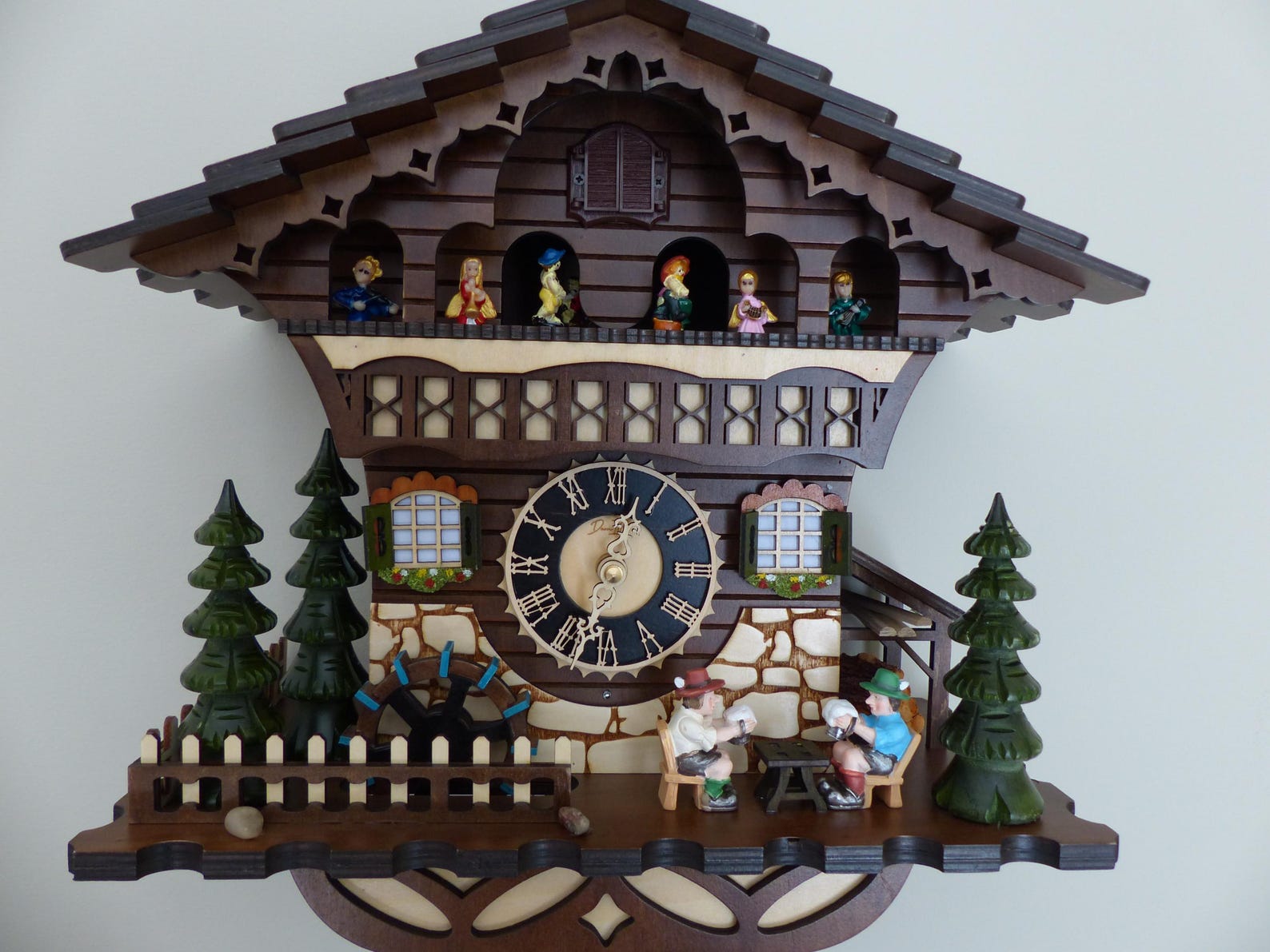 Cuckoo Clock, Handcrafted Traditional Black Forest, Dancing Figurines, Beer Drinkers & Wind Mill Decor, Quartz German Design, Walnut, 13.8